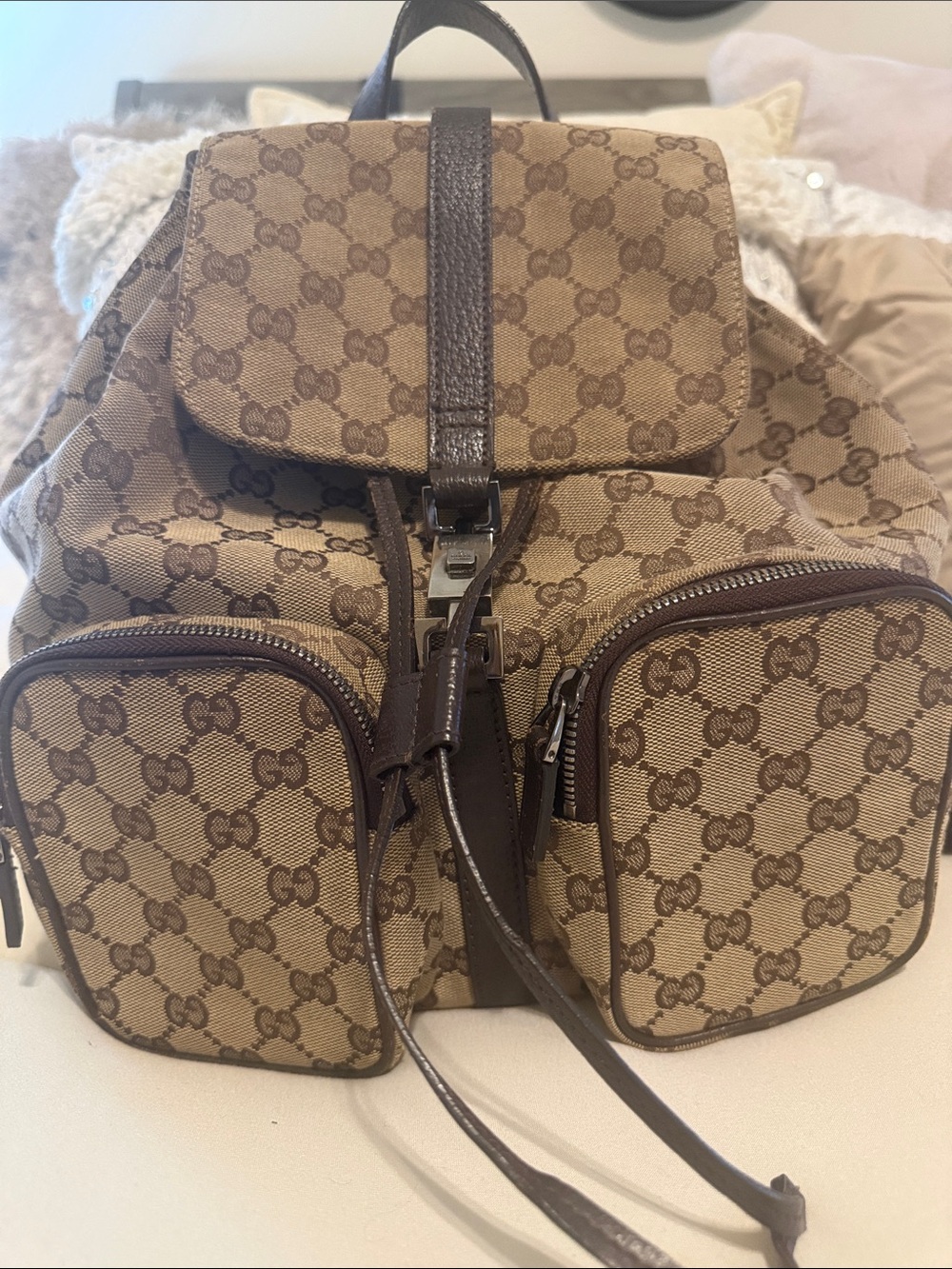 Gucci Beige and Brown GG Canvas Drawstring Backpack